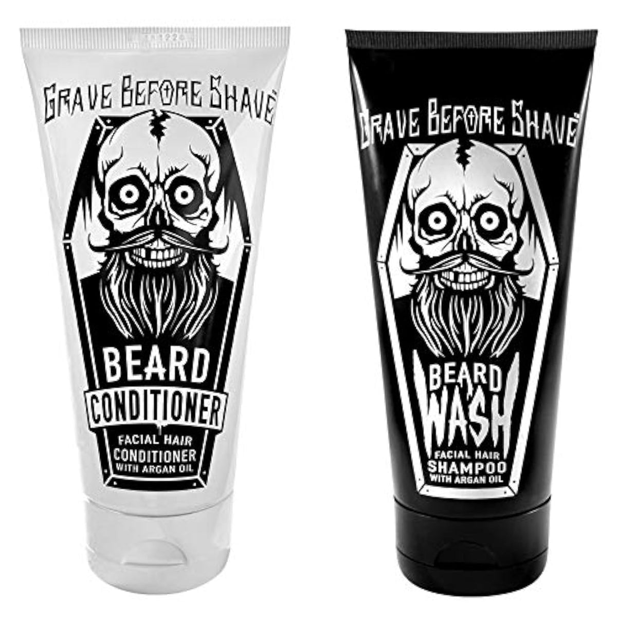 Grave Before Shave beard wash bottle demonstrates cleansing action for a refreshed beard.