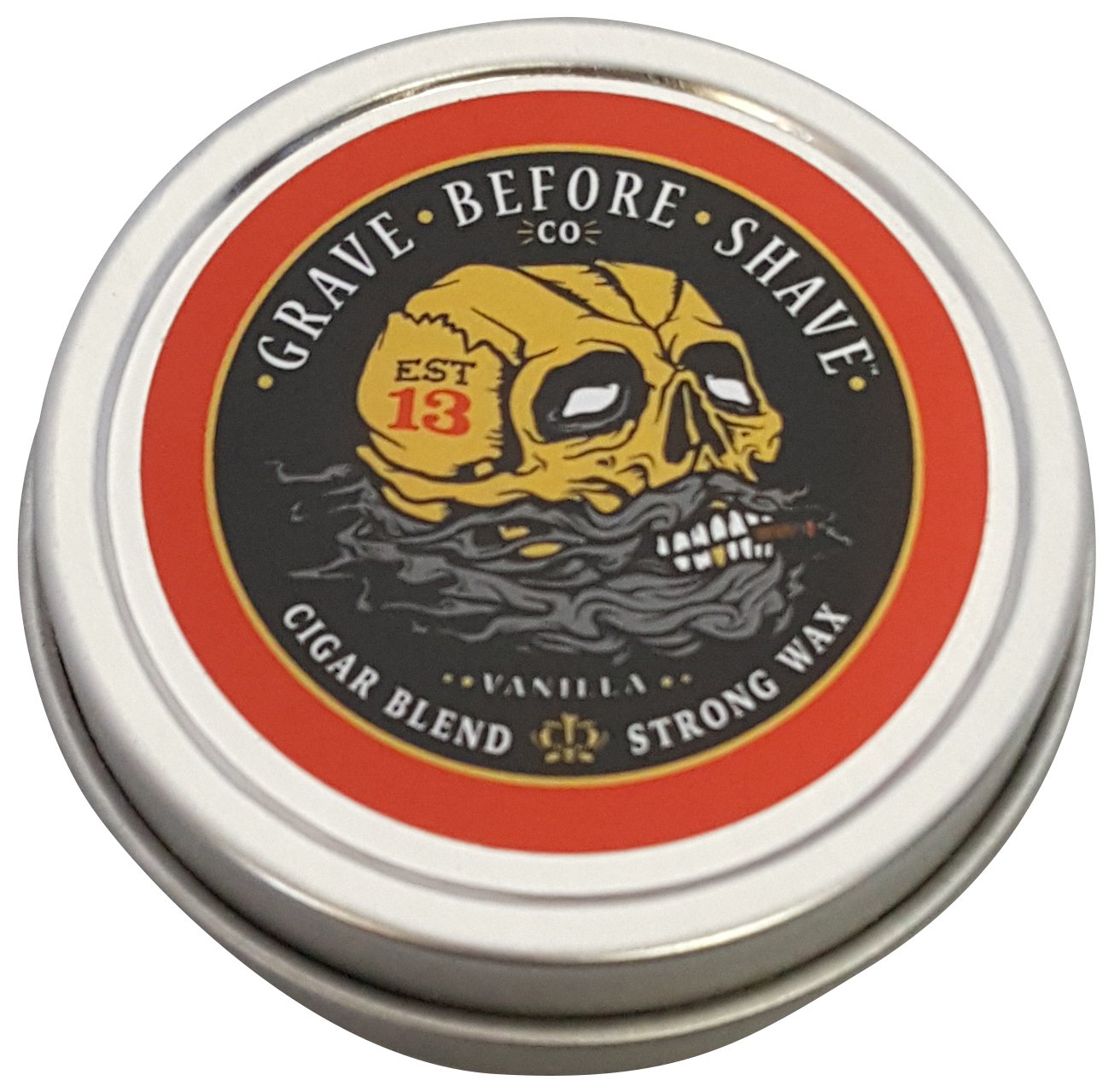 Grave Before Shave Fisticuffs cigar blend wax tin showing long lasting hold and aroma.