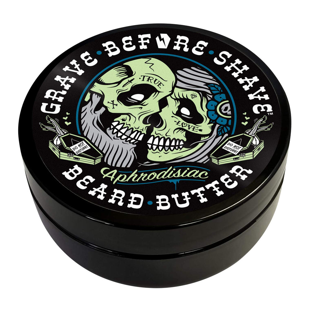 Grave Before Shave leather cedar beard butter jar closeup for smooth conditioning.