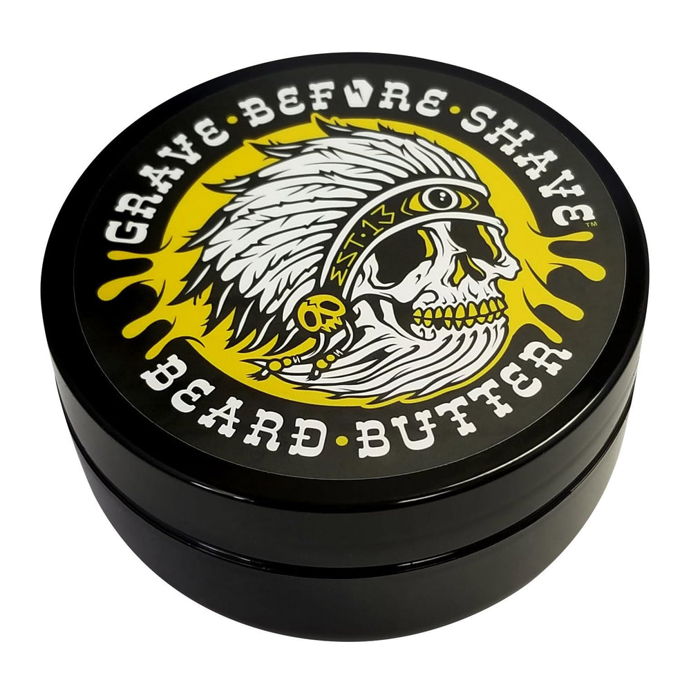Grave Before Shave Teakwood Beard Butter packaging highlighting the 4 oz jar and design