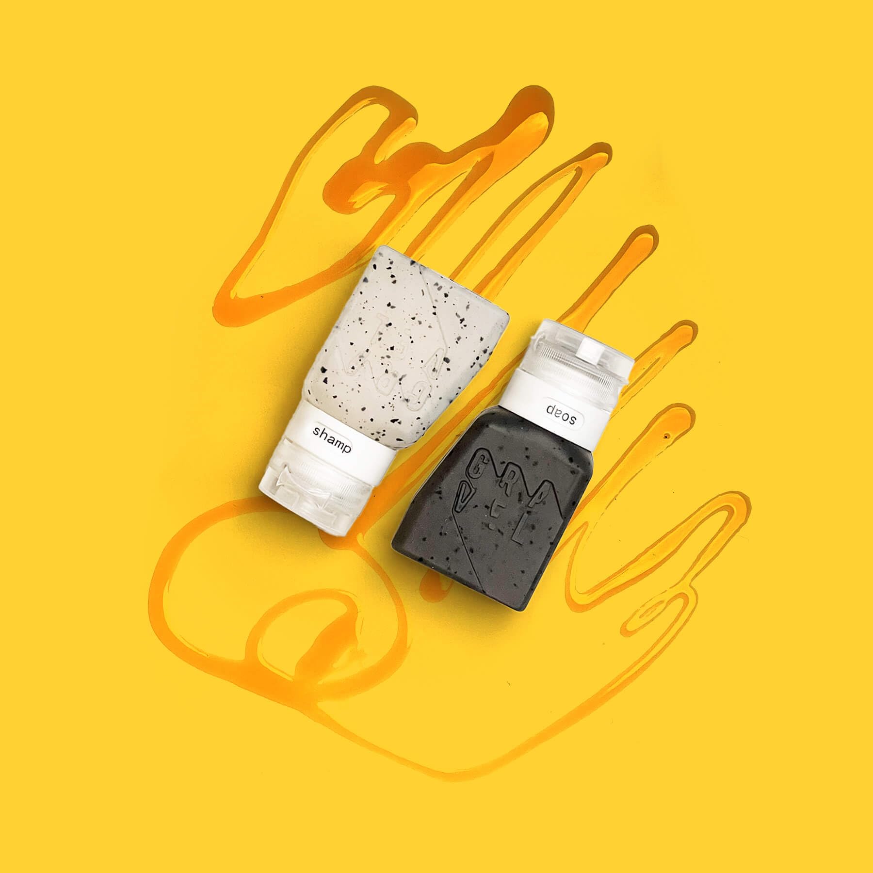 Gravel travel bottles label-system demonstrates easy identification of shampoo and conditioner