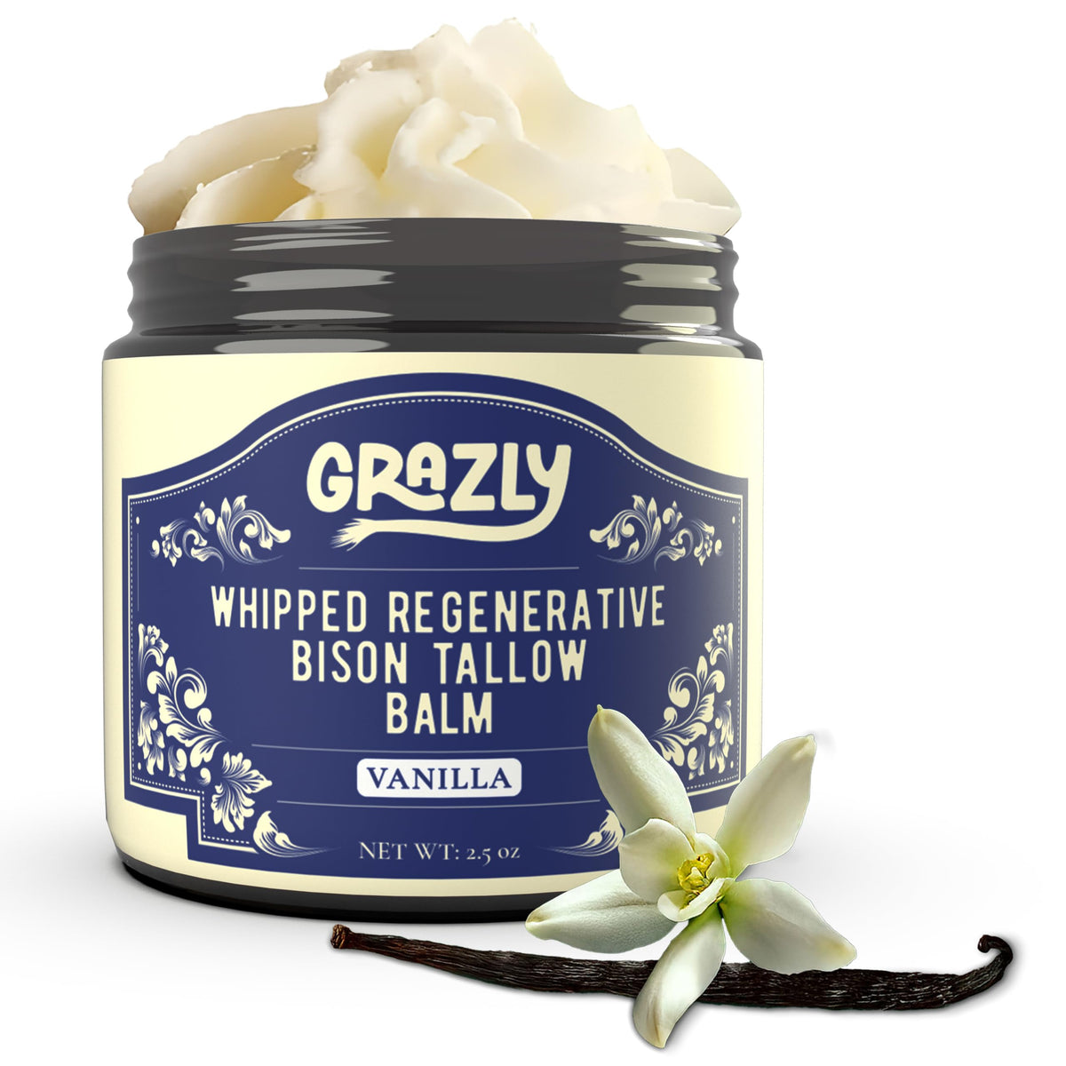 Grazly Whipped Bison Tallow Balm vanilla jar illustrating gentle hydration for sensitive skin