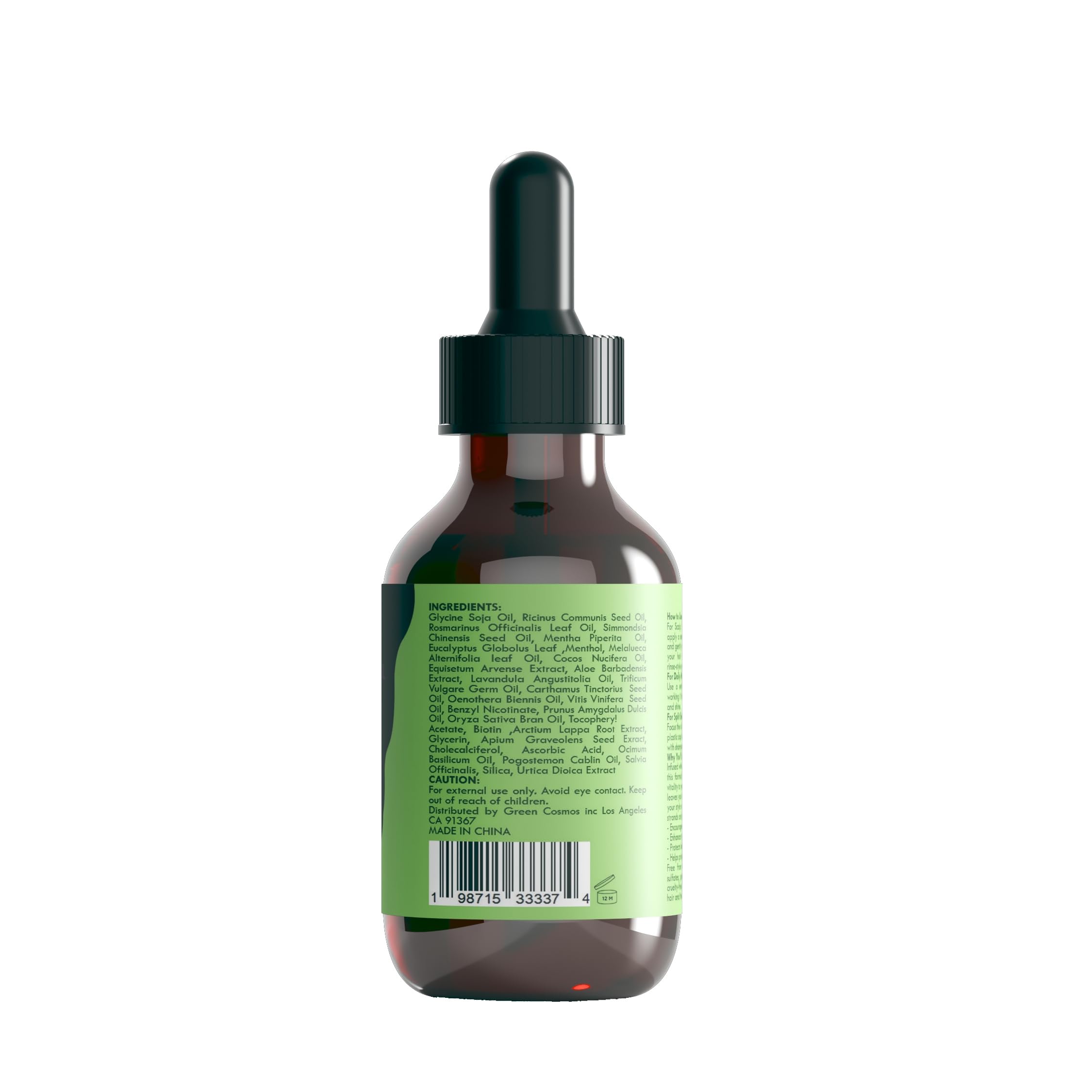 Green Cosmos Rosemary Oil dropper highlighting scalp circulation boost and follicle nourishment