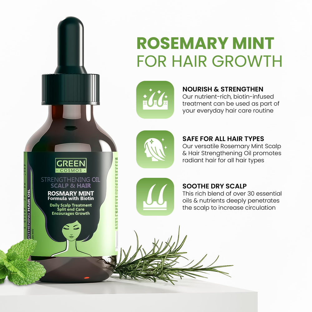 Green Cosmos Rosemary Oil bottle shows soothing relief for itchy, dry scalp