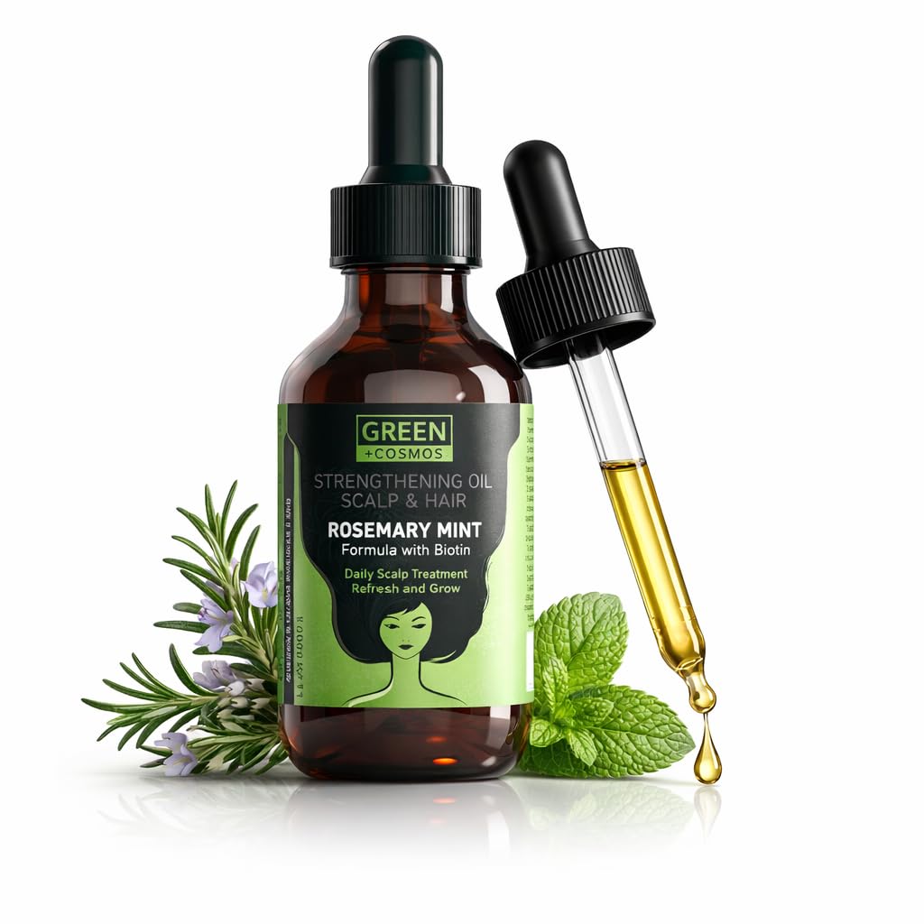 Green Cosmos Rosemary Oil bottle pour for thinning hair support and scalp nourishment