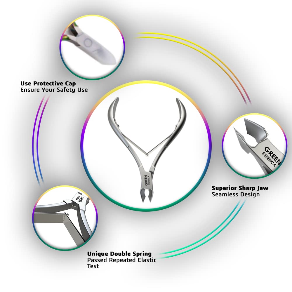 GREEN ESTETICA cuticle-nipper blade-detail highlights ultra-thin edge for accuracy.