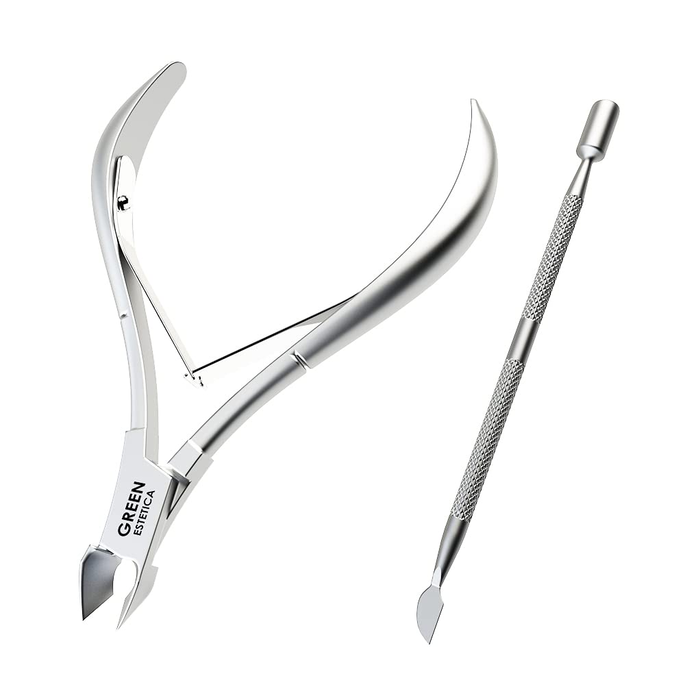 GREEN ESTETICA cuticle-nipper closeup shows a sharp edge for precise trim.