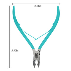 Green Estetica cuticle trimmer blade detail with ultra-thin sharp blades.