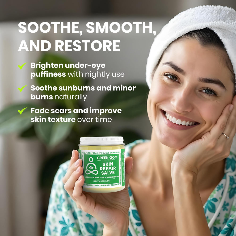 Blue Chamomile in Green Goo Salve calms sun-exposed skin.