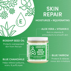 Close-up of Green Goo Skin Repair Salve tin showing natural formula.