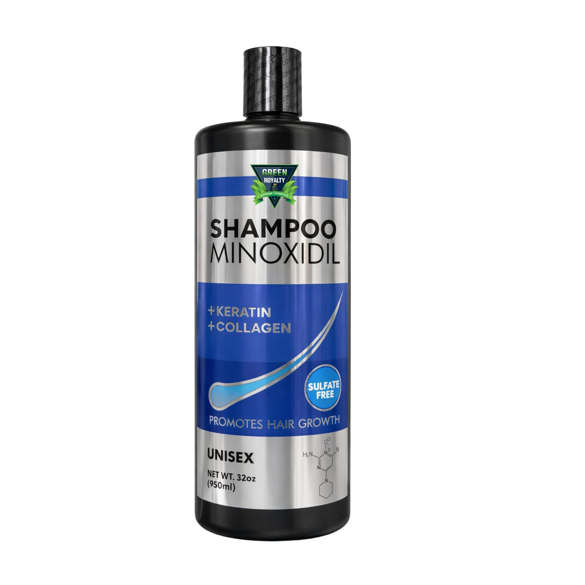 GREEN ROYALTY Minoxidil Shampoo bottle front shows sulfate-free formula for daily cleansing.