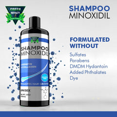 GREEN ROYALTY Minoxidil Shampoo bottle side highlights keratin and collagen for smoother hair.