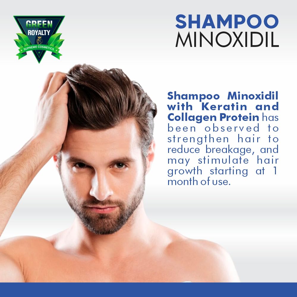 GREEN ROYALTY Minoxidil Shampoo label close-up emphasizes long-lasting cleansing and nourishment.