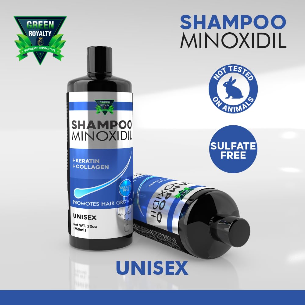 GREEN ROYALTY Minoxidil Shampoo packaging on shelf emphasizes cruelty-free and GMP testing.