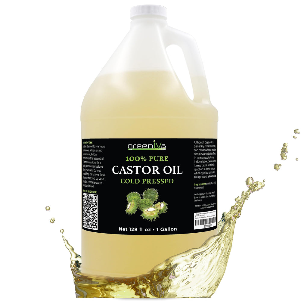 GreenIVe Castor Oil 128oz bottle for versatile beauty care at home.