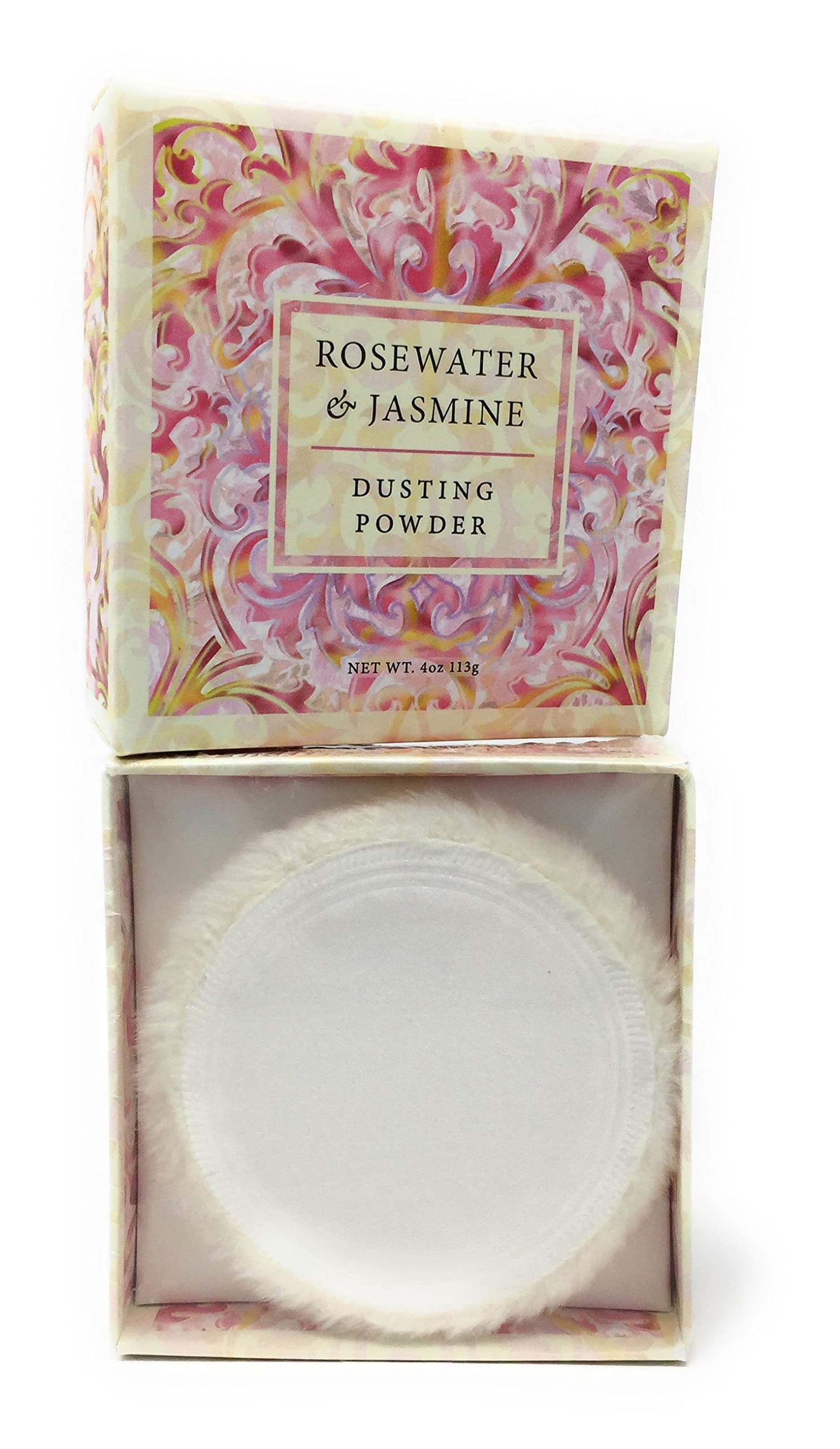 Close-up of rosewater jasmine-infused dusting powder texture on skin.