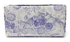 Greenwich Bay Shea Butter Soap Lavender Chamomile bar closeup with creamy lather