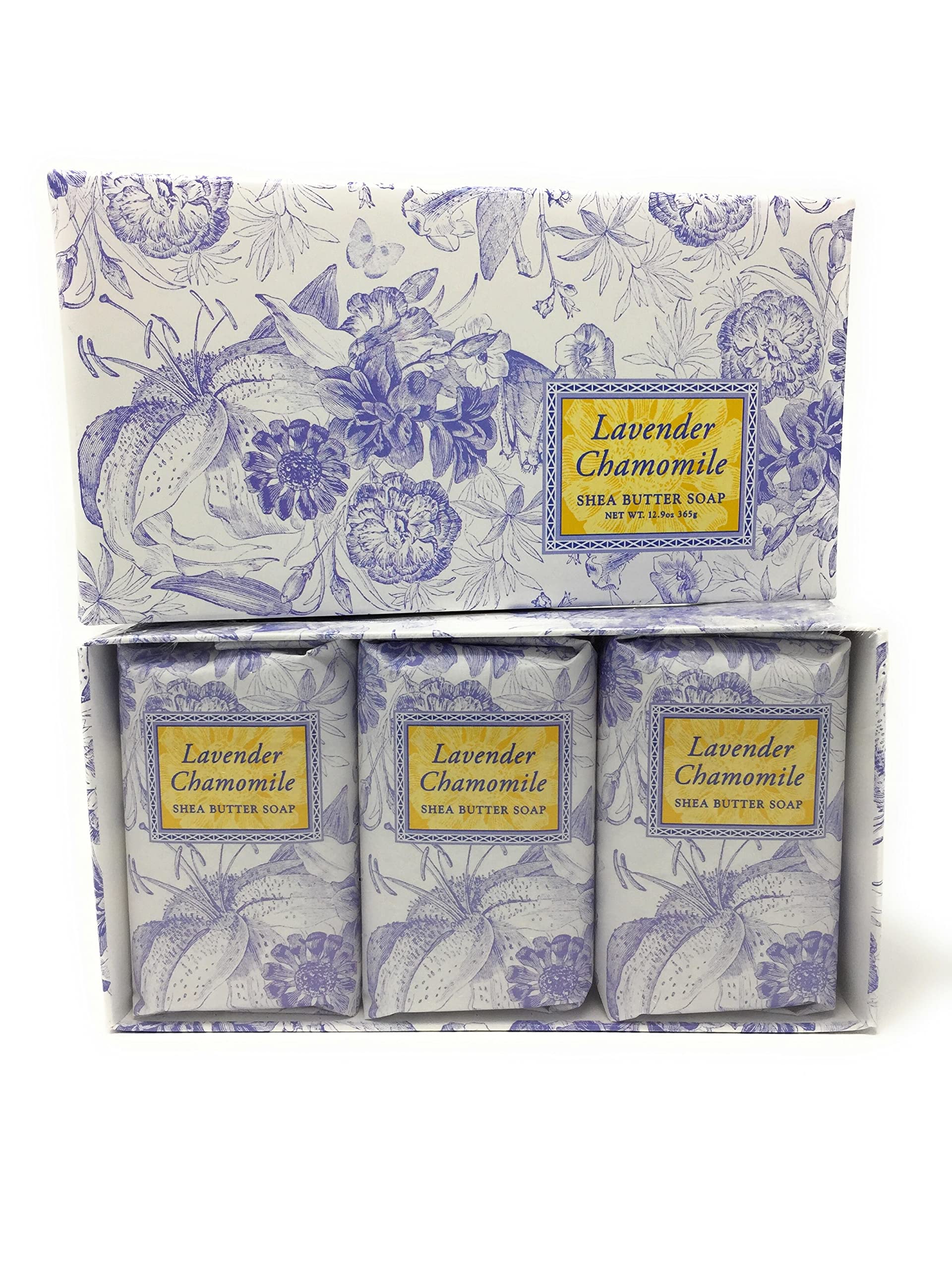 Greenwich Bay Shea Butter Soap Lavender Chamomile pack on display as a gift option