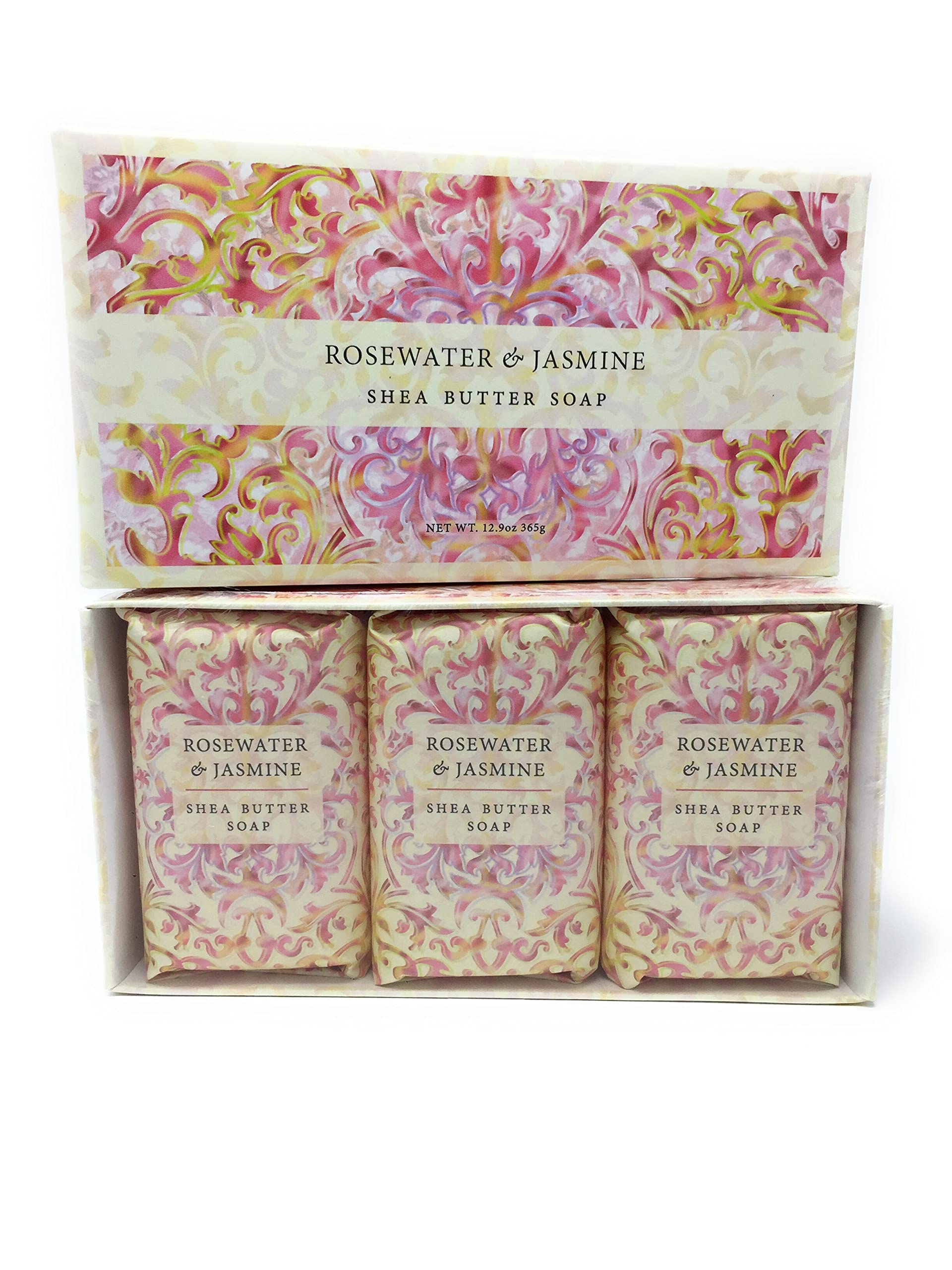 Greenwich Bay Trading Co. Shea Butter Soap Rosewater Jasmine, elegant gift box for seasonal care and lather.