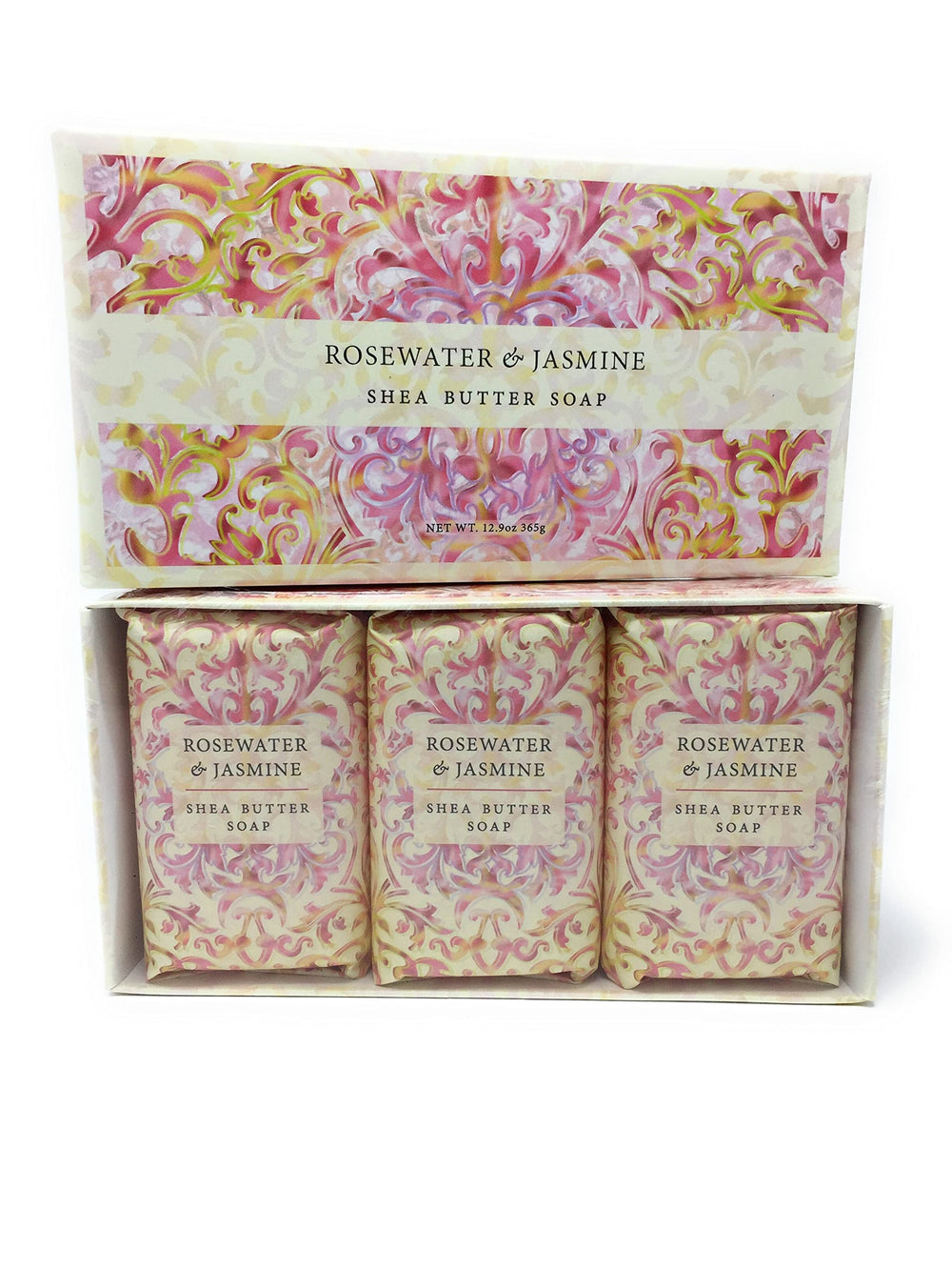 Greenwich Bay Trading Co. Shea Butter Soap Rosewater Jasmine, elegant gift box for seasonal care and lather.