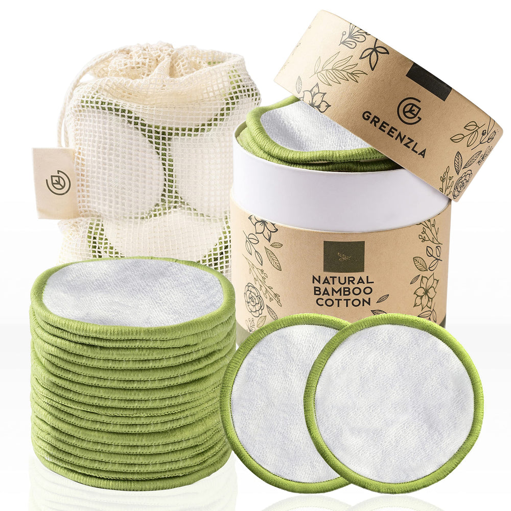 Greenzla reusable pads 20-pack, soft dual-sided for gentle cleansing.