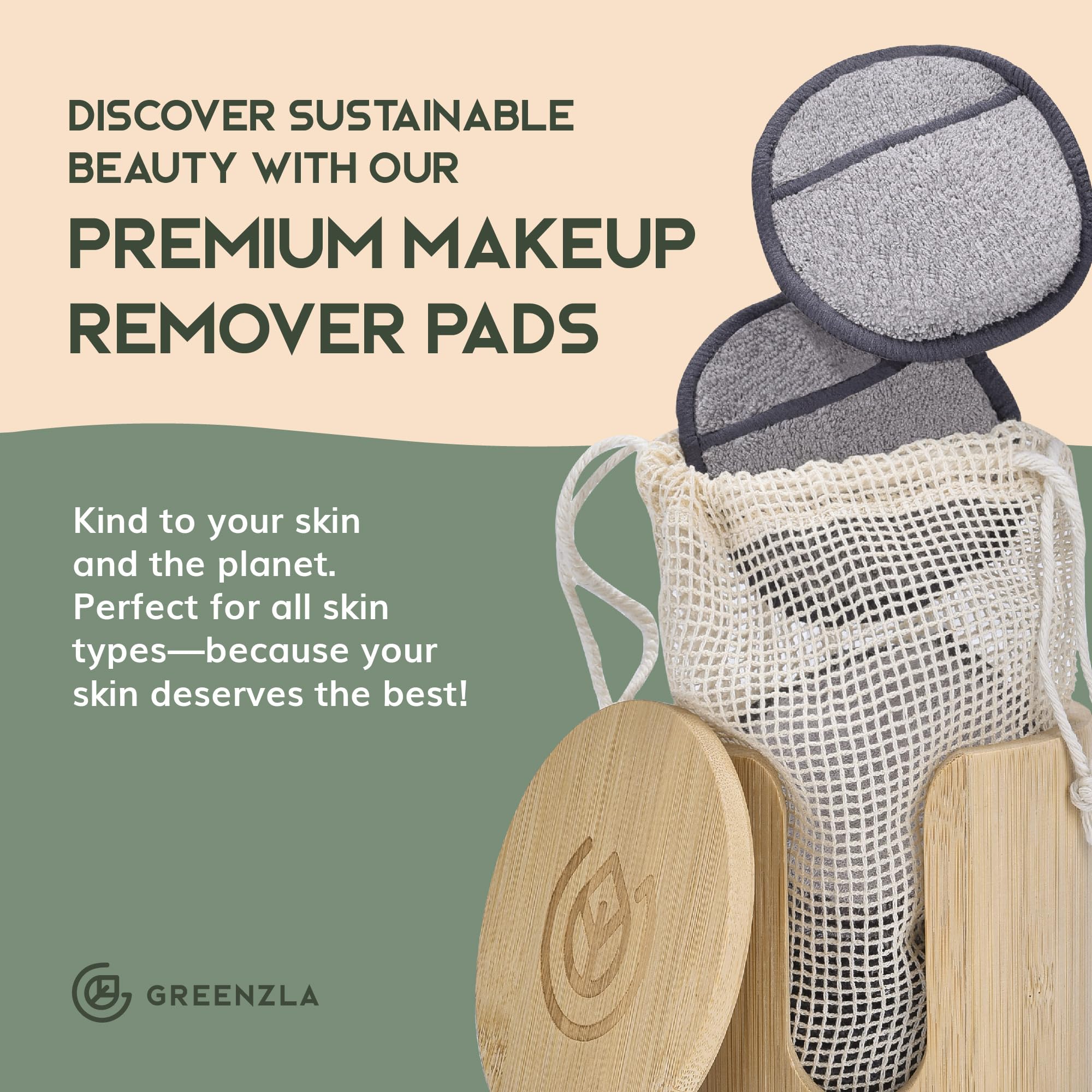 Greenzla skincare routine with reusable pads for eco-friendly care.