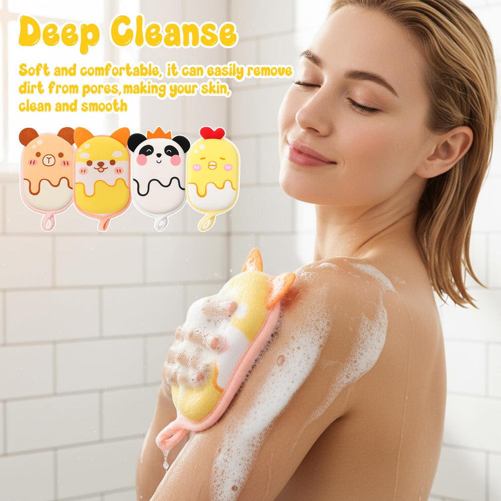 Grevosea kids loofah cat design offers soft texture for delicate skin during showers.