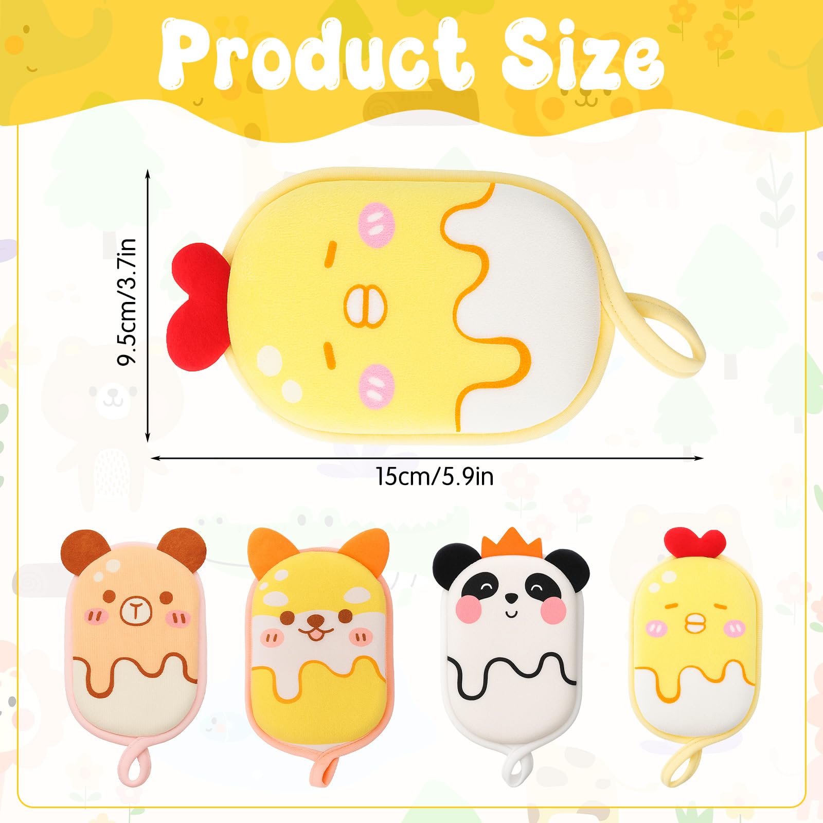 Grevosea loofah chick design adds color and helps lather for bath time fun.