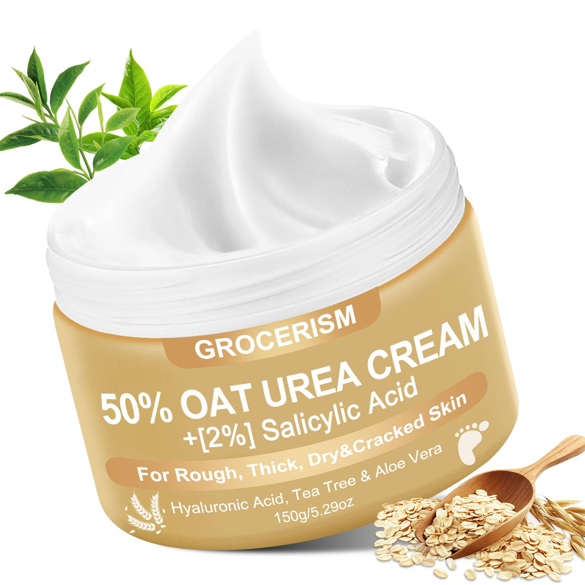 Grocerism crema urea 50% con avena para pies y manos, hidratación profunda.