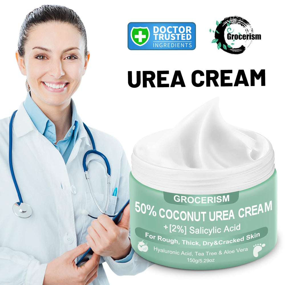 Grocerism Crema de Urea 50% con Coco en manos, suavidad duradera.