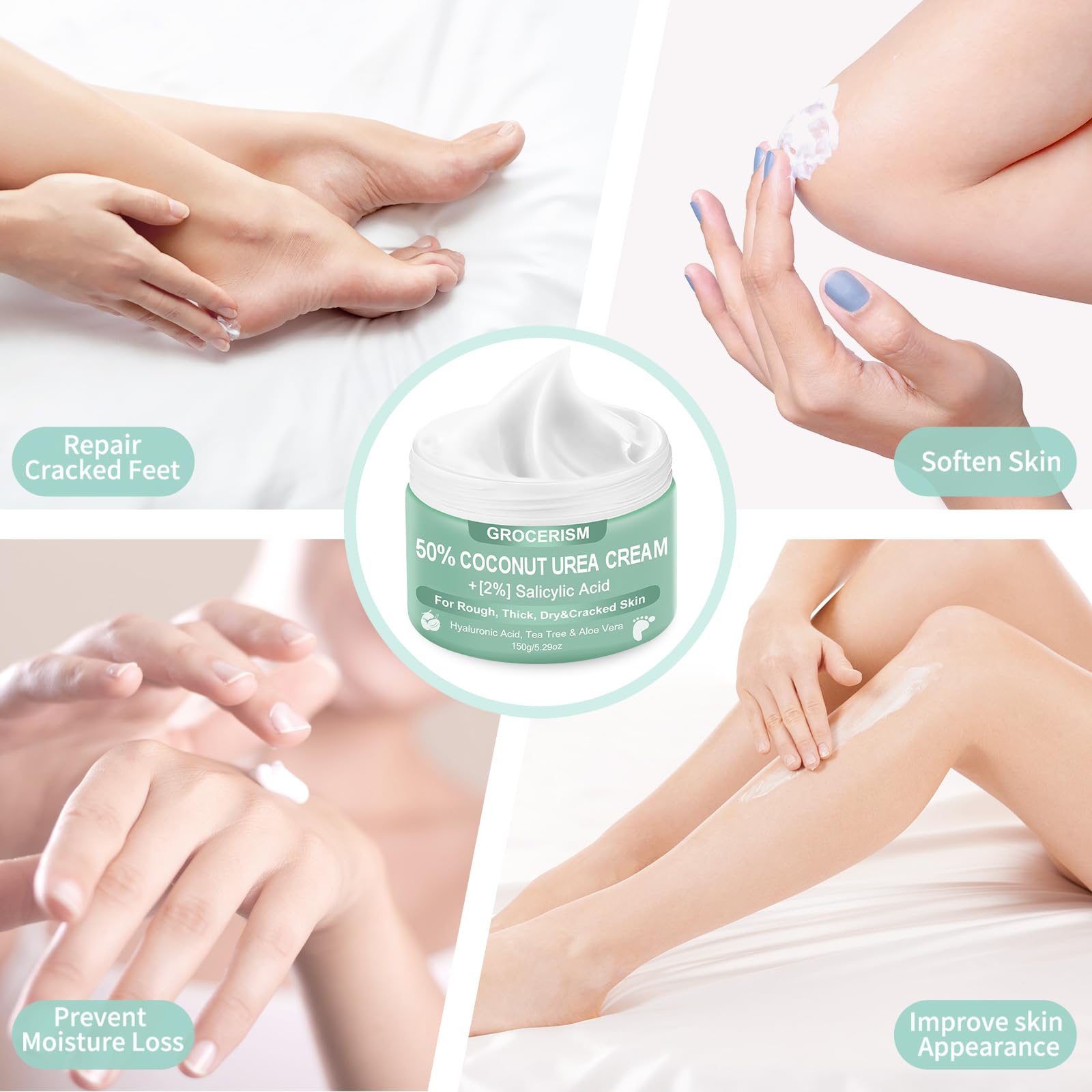 Grocerism Crema de Urea 50% con Coco, textura ligera y absorción rápida.