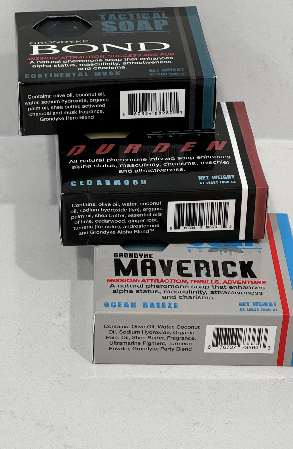 Grondyke Tactical Soap packaging display illustrating small-batch, premium natural ingredients