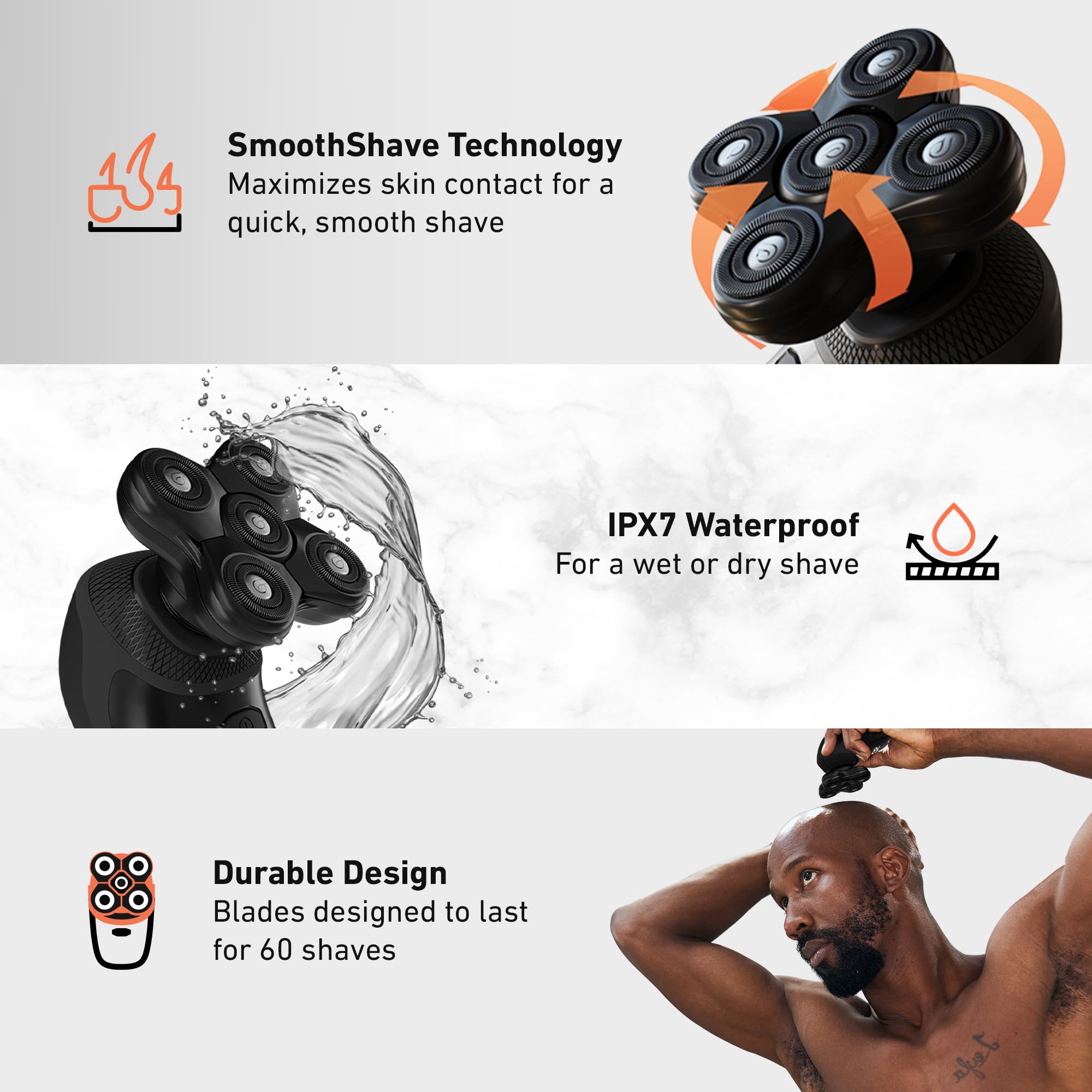 Groomie BaldiePro in shower, IPX7 waterproof design for wet and dry versatility.
