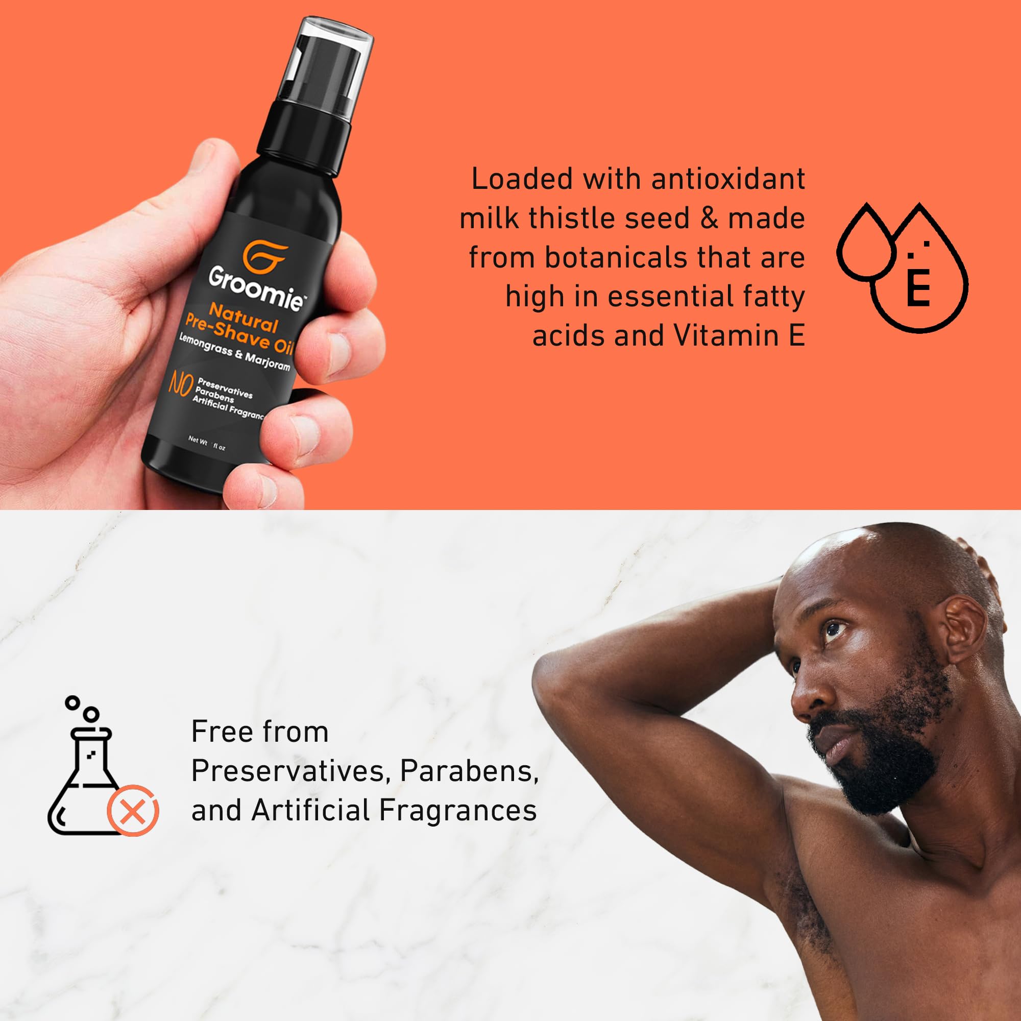 Groomie pre-shave oil with sensitive skin friendly formula applied on scalp