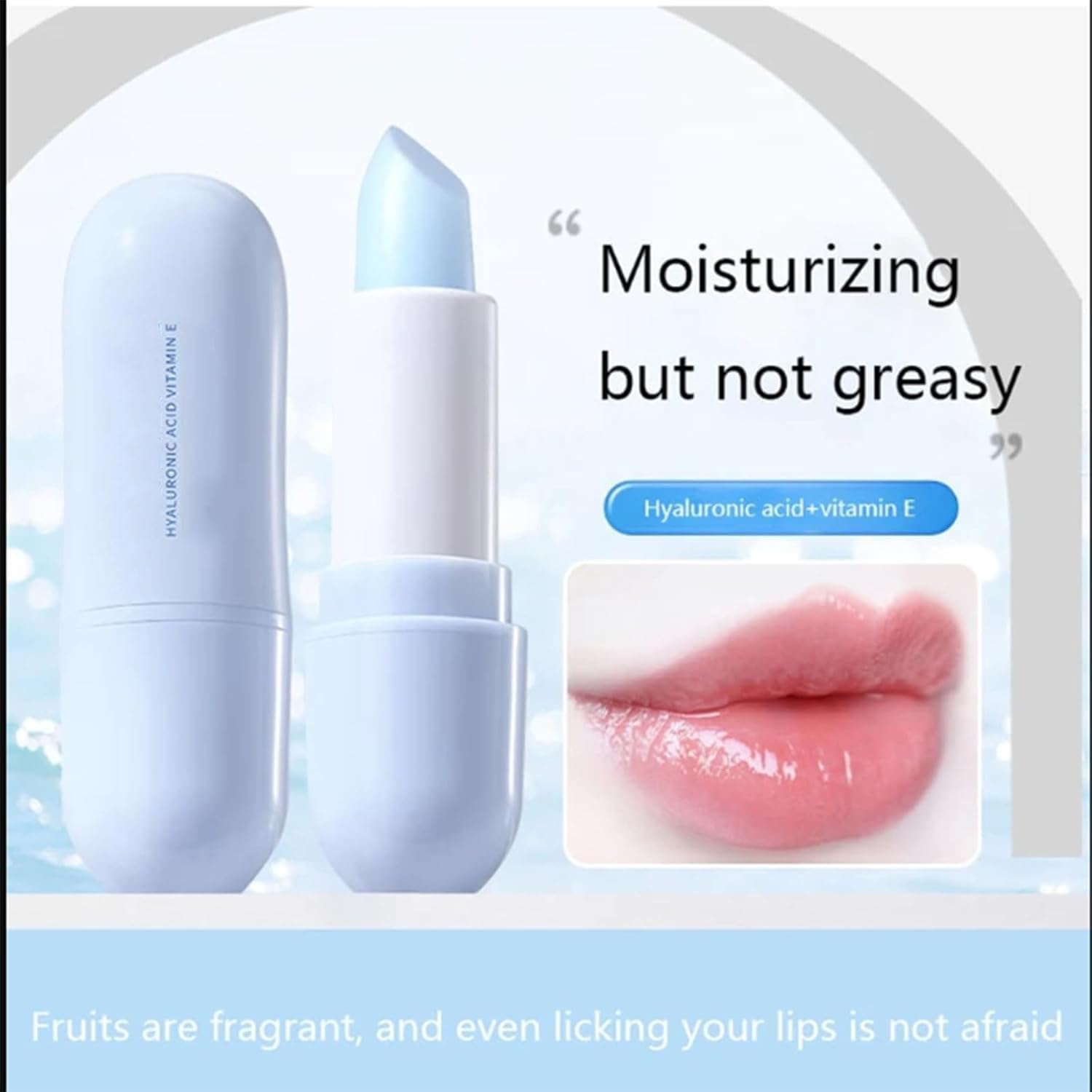 Grospe blue tube lip balm close-up shows moisturizing formula for soft lips