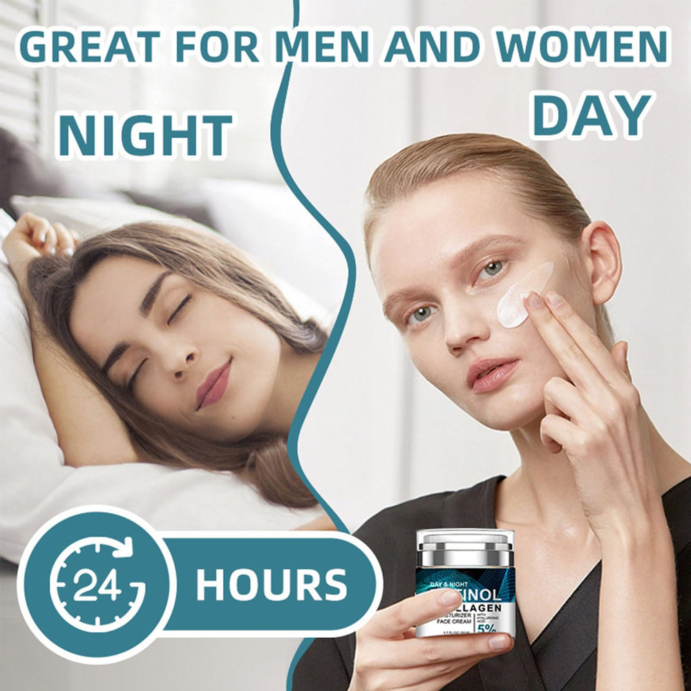 Grospe retinol-collagen-cream applied to face and neck for unified care.