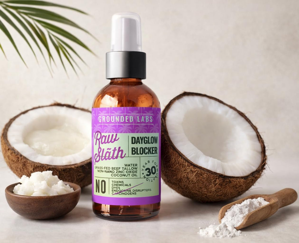 Grounded Labs sunblock packaging sits on a shelf, eco-friendly and reef-safe.
