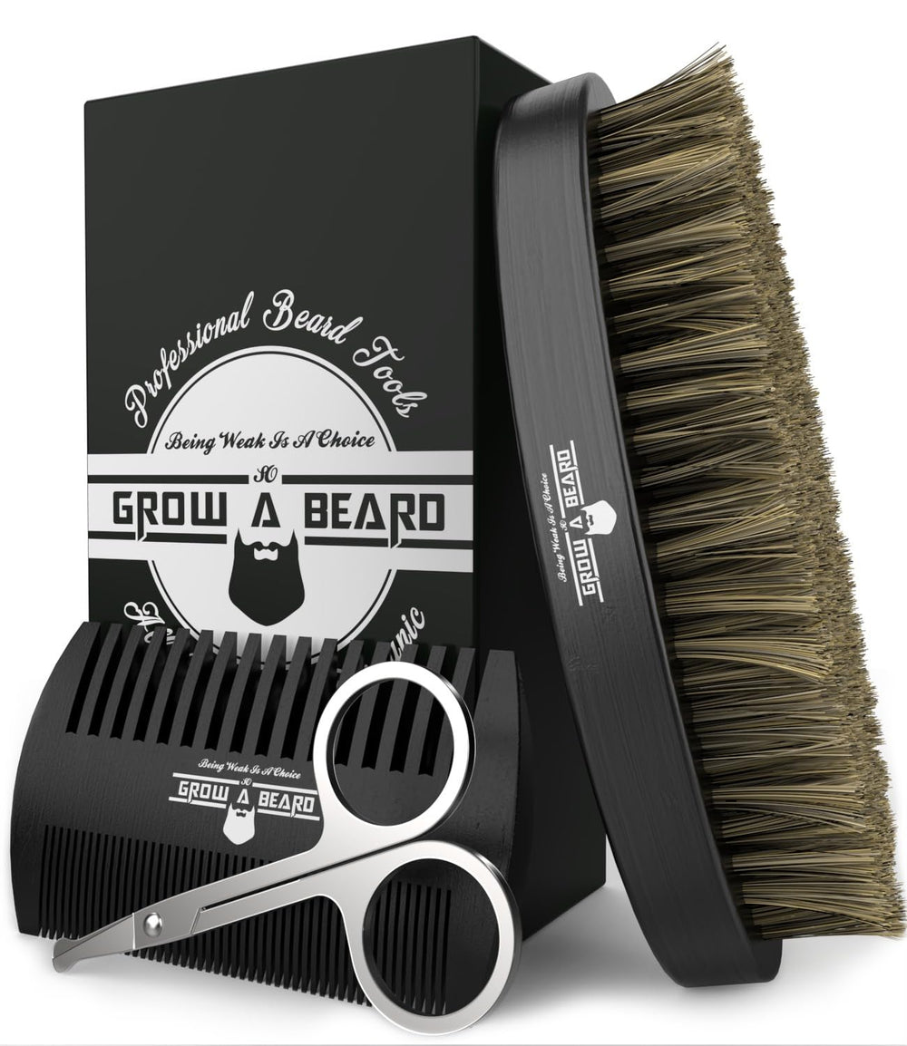 Grow Alpha Beard Brush Set front view showing natural boar bristles for everyday grooming