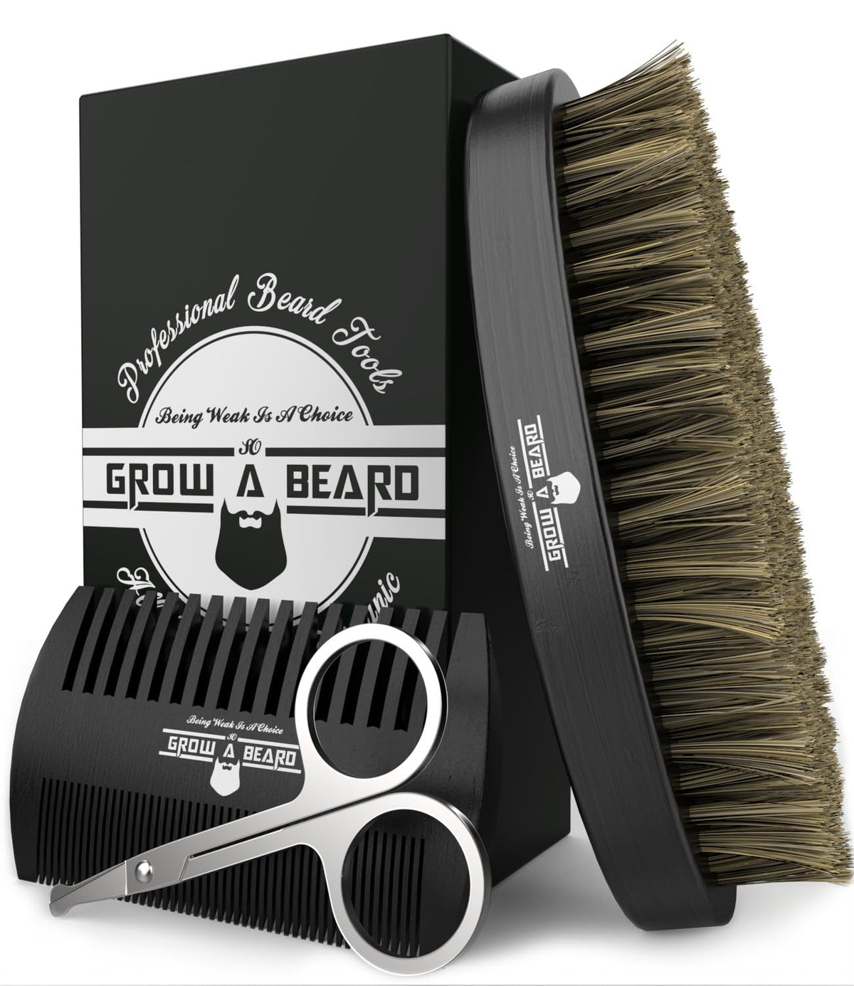 Grow Alpha Beard Brush Set front view showing natural boar bristles for everyday grooming