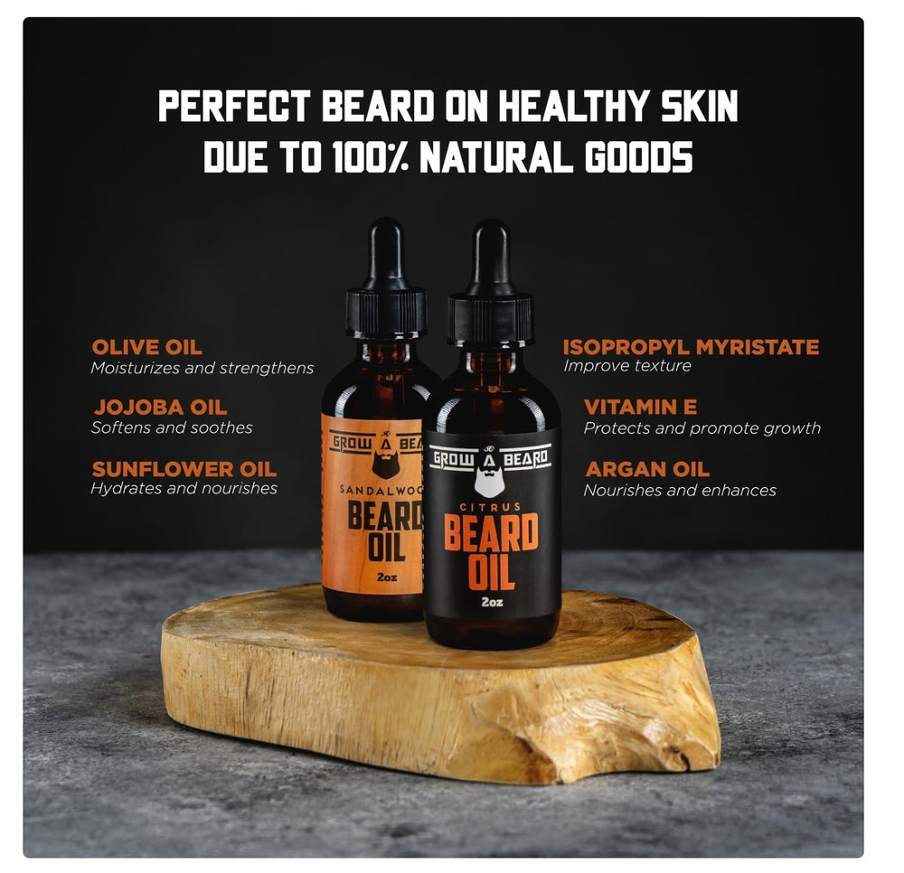 Grow Alpha Beard ingredients card highlighting jojoba and argan oils