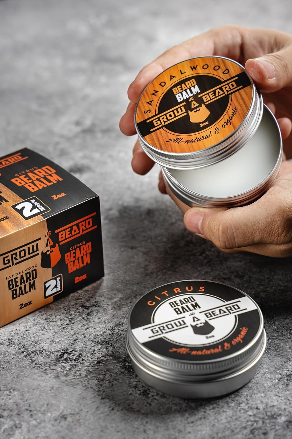 Grow Alpha Beard packaging box highlighting two scents for versatility