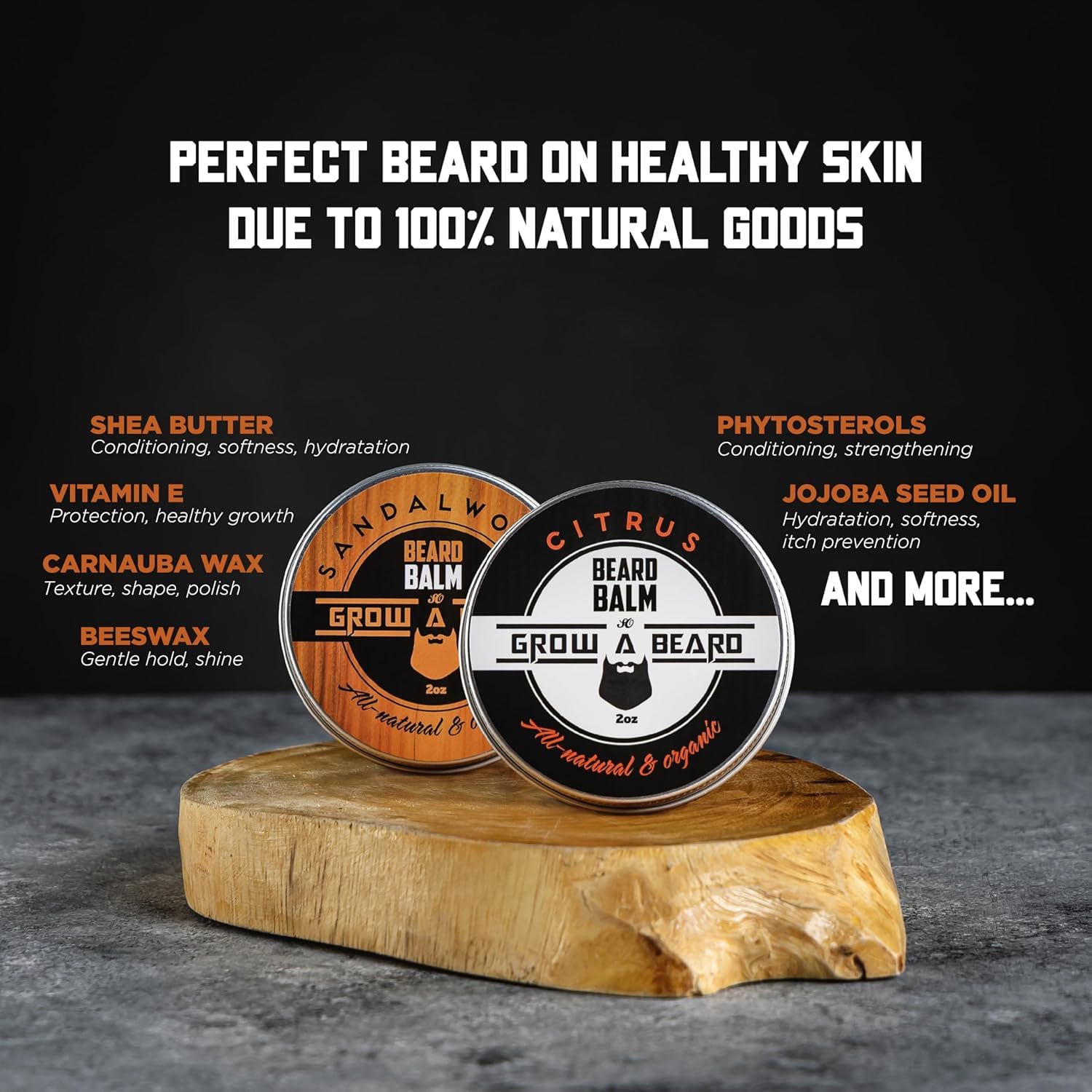 Grow Alpha Beard sandalwood balm jar promoting smooth, frizz-free strands