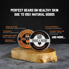 Grow Alpha Beard sandalwood balm jar promoting smooth, frizz-free strands