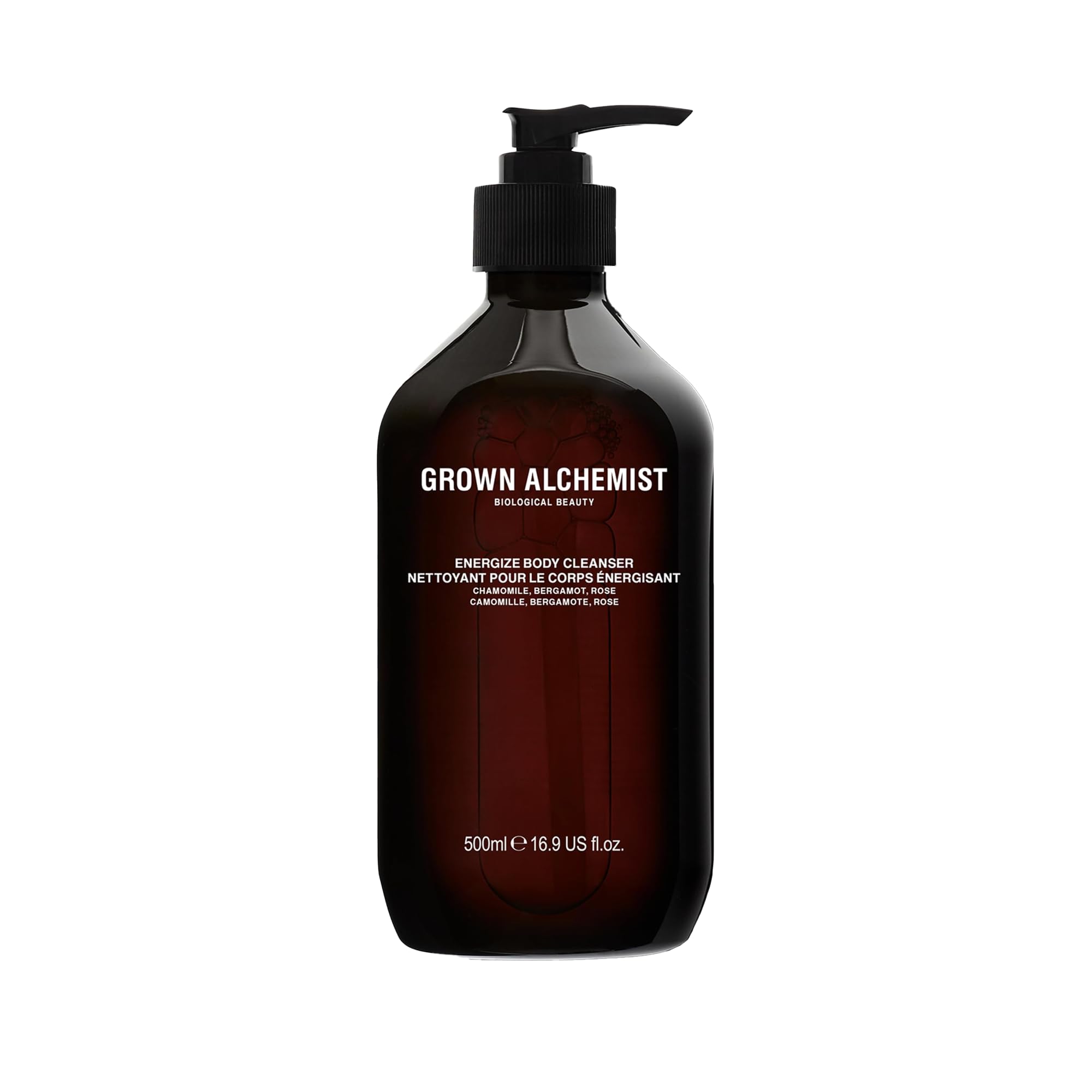 Grown Alchemist Energize Bottle Pour showcases soothing chamomile aroma for a refreshing morning cleanse.