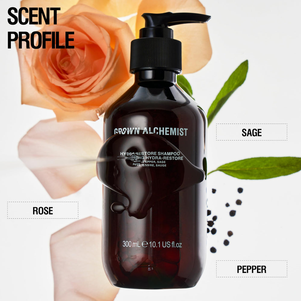 Grown Alchemist Hydra-Restore ingredient panel explains Hydroviton and Panthenol benefits.