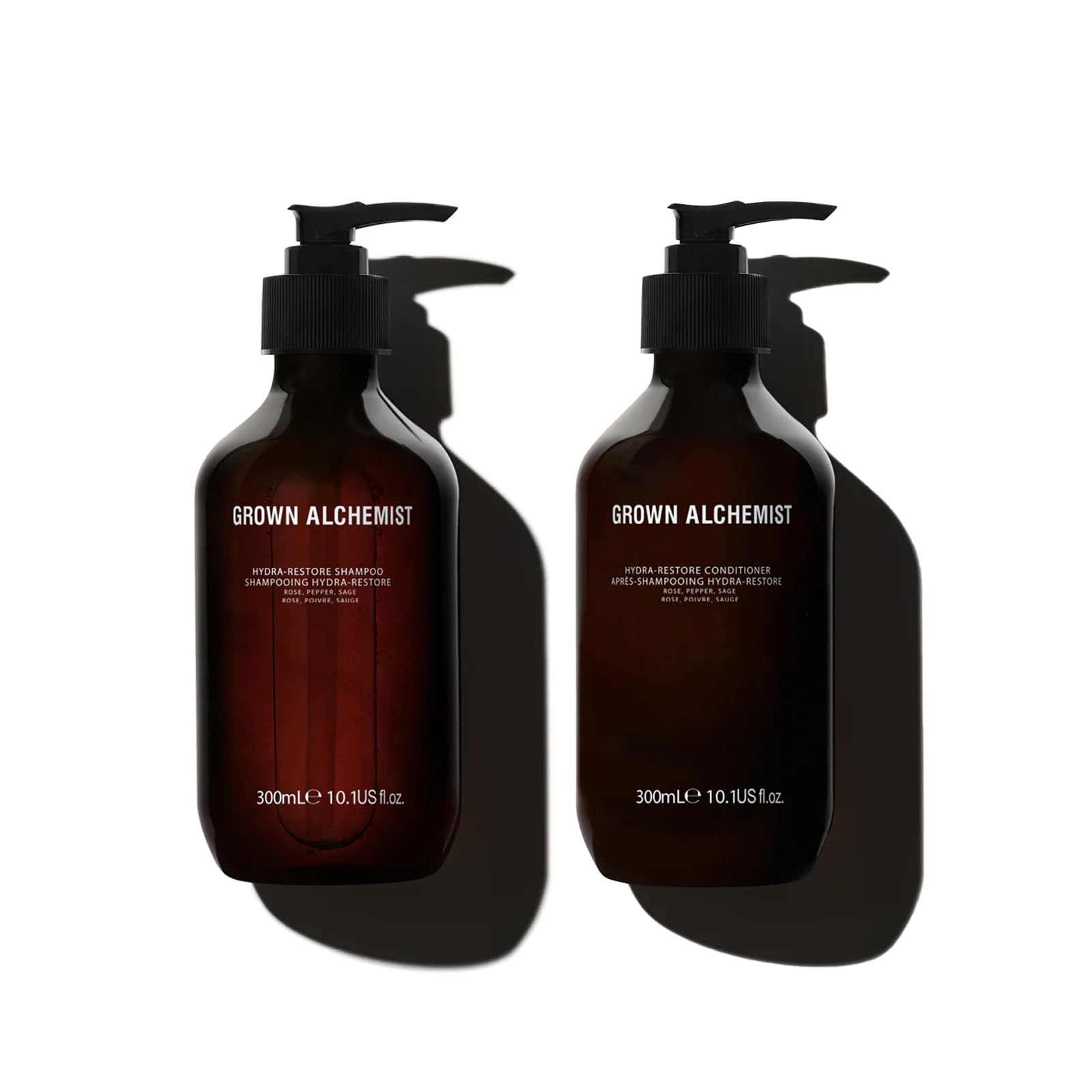 Grown Alchemist Hydra-Restore Shampoo bottle offers a lightweight cleanse for nourished hair.