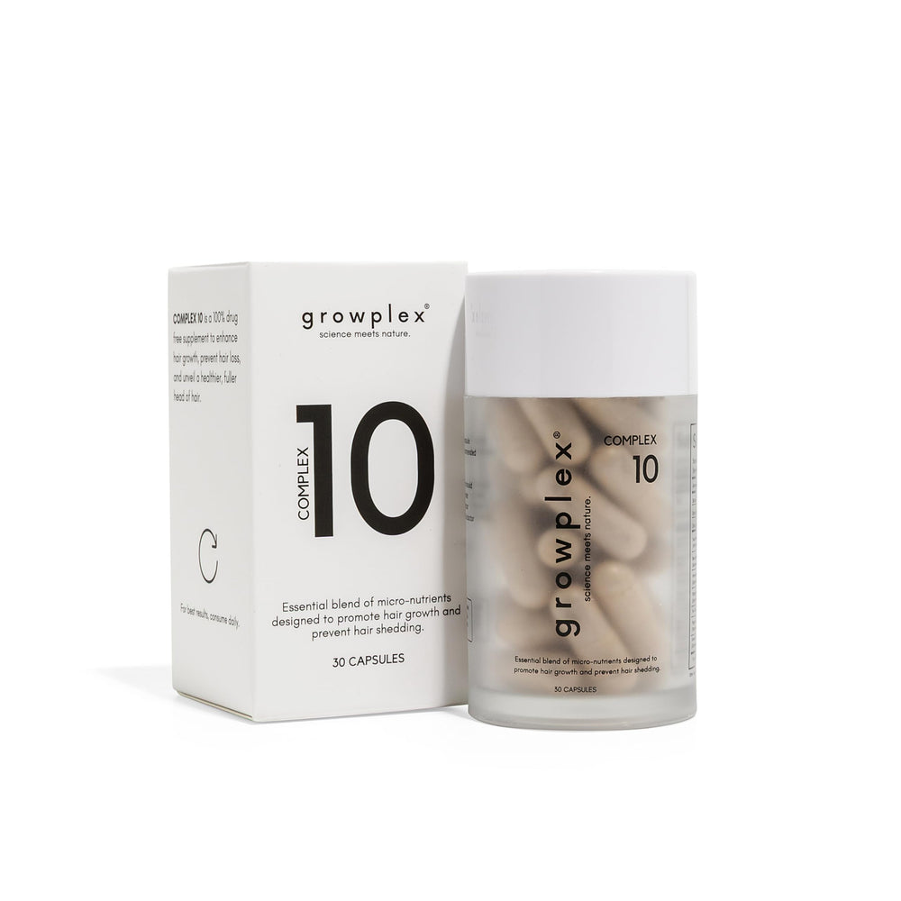 GROWPLEX Complex10 bottle front view highlighting sleek packaging for daily hair support