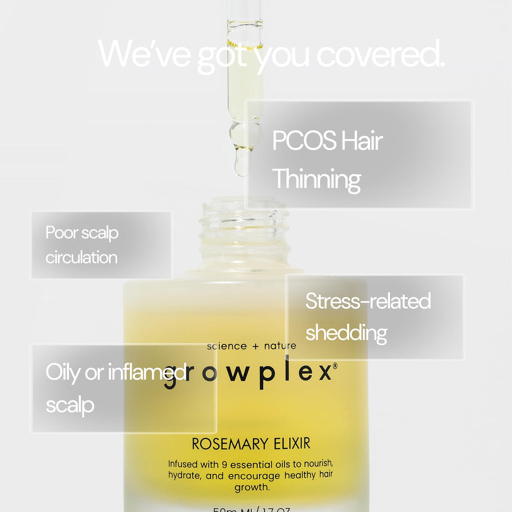 Growplex Rosemary Elixir application on scalp encourages a relaxing self-care ritual.