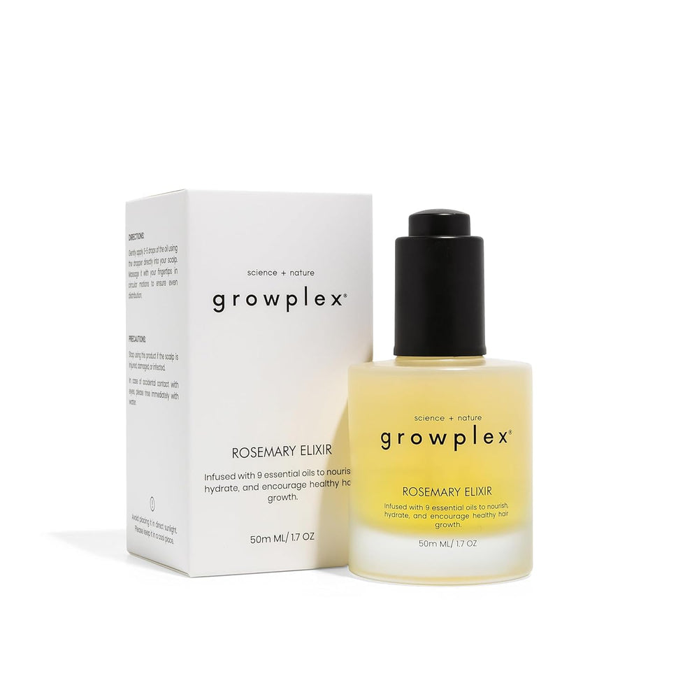 Growplex Rosemary Elixir bottle shows a lightweight scalp oil for daily refresh.
