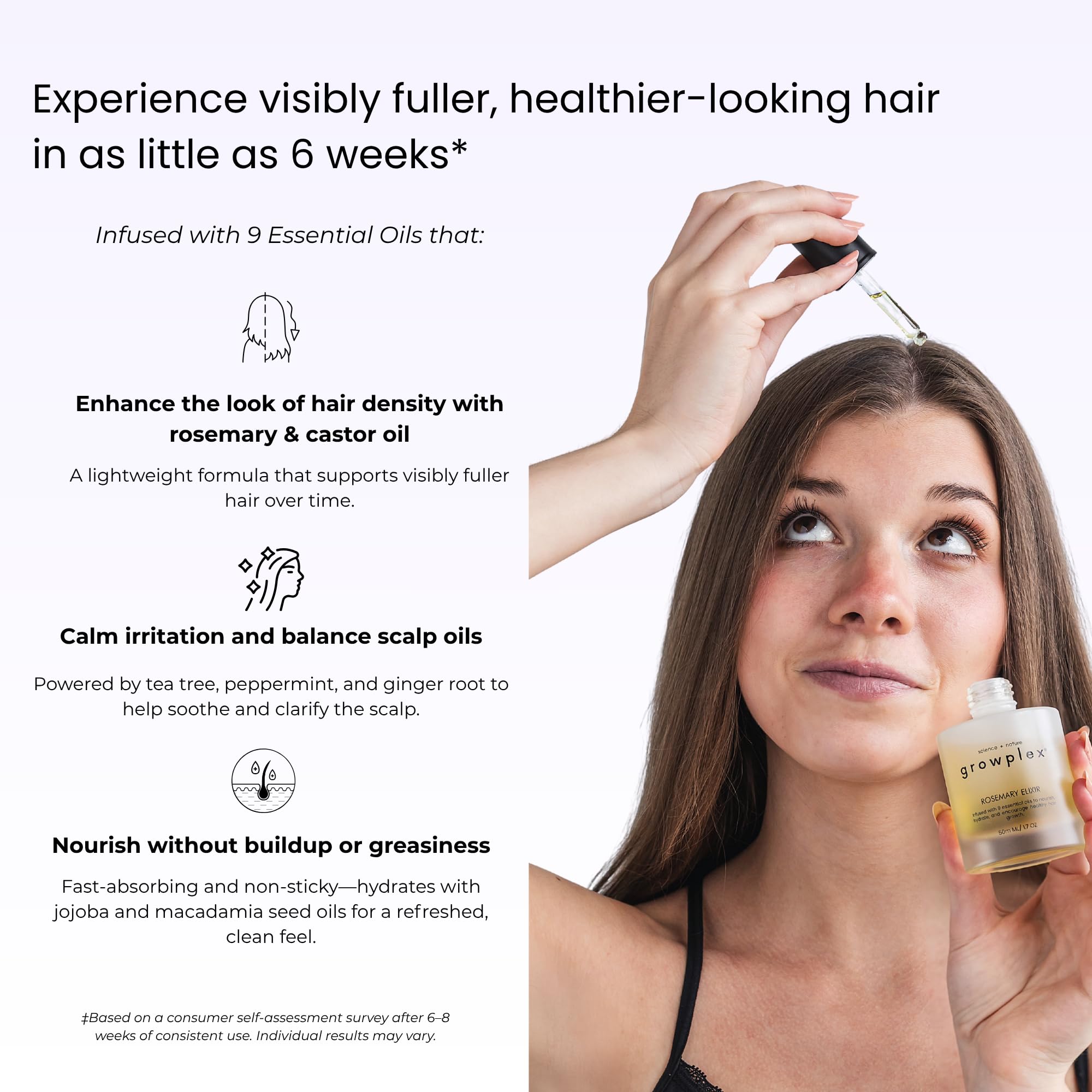 Growplex Rosemary Elixir ingredients highlight rosemary and jojoba for a nourished scalp.